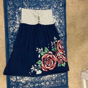 White and Blue Midi A-Line Skirt with Smocked Embellishments